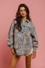 BiBi OVERSIZED Washed Denim Floral Print Shacket in Light Denim