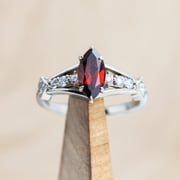 "PERSEPHONE" - BRIDAL SUITE - MARQUISE CUT MOZAMBIQUE GARNET ENGAGEMENT RING WITH DIAMOND ACCENTS & TWO DIAMOND TRACERS