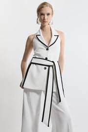 Compact Stretch Contrast Tipped Belted Wide Leg Tailored Jumpsuit | Karen Millen