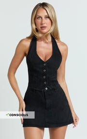 Walton Vest - Halter Neck Button Down Crop Recycled Denim Vest in Clean Black Wash Panel