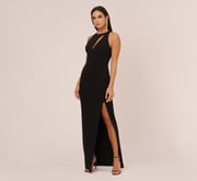 Knit Crepe Sleeveless Column Gown With Cutout Neckline In Black