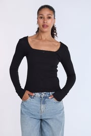 AERO Super Soft Ribbed Knit Long Sleeve Square Neck Top