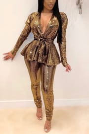 Gold Fashion Slim Long-Sleeve V-Neck Two-Piece Set