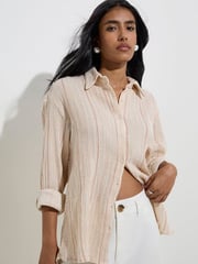 LOV by Westside Beige Stripe Printed Cotton-Blend Shirt