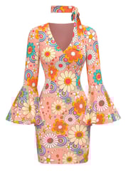 [Pre-Sale] Multicolor 1960s Daisy Flare Sleeve Hippie Dress