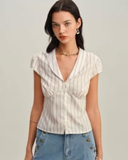 Pink Striped Cap Sleeve Button Blouse