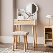 Small Vanity Desk Set with 3 Adjustable Lighted Mirror and Storage Shelf White Tiny Makeup Vanities Set IF038