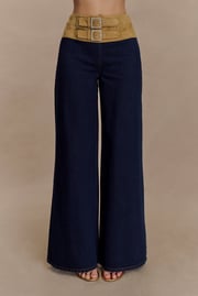 Miranda Faux Suede Belted Denim Wide Leg Pants - Indigo Blue