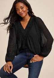 Crochet Trim V Neck Blouse
