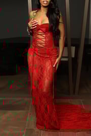 Red Sheer Lace Corset Maxi Dress Sleeveless Strapless Backless Cross Straps Cut-Out Bodycon Party Evening Gown