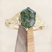 "AIFE" - CELTIC KNOT ENGAGEMENT RING WITH ELONGATED HEXAGON CUT MOSS AGATE & DIAMOND ACCENTS