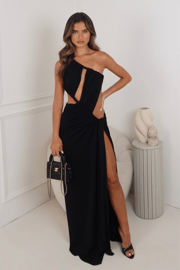Pia black asymmetric cut out split leg maxi dress
