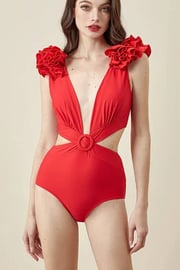 Red Deep V Ruffled Cutout One Piece Swimsuit