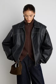 LAYERED DETAIL CONTRAST STITCH VEGAN LEATHER BOMBER