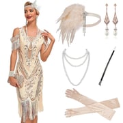 Set with Flapper Dress Feather Headband Faux Pearl Necklace Long Opera Gloves Cigarette Holder Earings Women's Roaring 20s 1920s Outfits Cocktail Dres