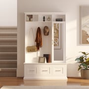 Modern White Hall Tree Entryway Storage Cabinet with Mirror and Drawers Entryway Bench - 47.2X73.6