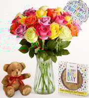 Happy Birthday Assorted Roses, 12-24 Stems