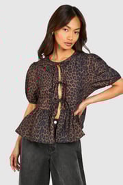 Leopard Puff Sleeve Bow Tie Top