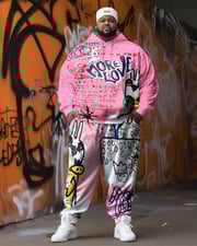 Men's Plus Size Artistic Graffiti Cartoon Street Hoodie Two-Piece Set