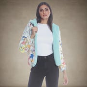 Women's  Faux Rabbit Fur Reversible Bomber Looney Tunes Satin Mashup Print Lining Jacket - FINAL SALE