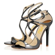 Dark Grey Metallic Finish Open Toe Buckle Strappy High Heels Sandals