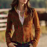 Ursime Western Suede Stand Collar Fringe Zipper Long Sleeve Jacket