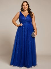Stella | Plus Size Sequin V-Neck Sleeveless Empire Waist Tulle Formal Evening Dress