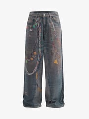 Retro High street Washed 3D Chain Printed Jeans