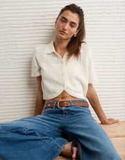 AE Short-Sleeve Collared Button-Up Cardigan