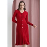 Button Front Ribbed Knit A-line Midi Dress in Red