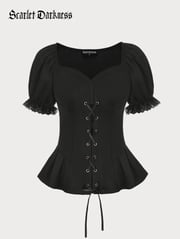 Sweetheart Neck Puff Sleeves Cross Straps Blouse