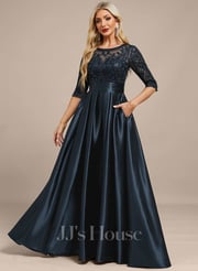 A-line Scoop Illusion Floor-Length Stretch Satin Lace Mother of the Bride Dress With Bow Sequins (008310071)