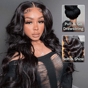 Klaiyi Hair HD Real Scalp™ Wig with Curtain Bangs 13x4 Invisible Lace Frontal Body Wave Wig Natural Black Color