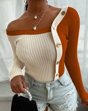 Colorblock Asymmetrical Neck Long Sleeve Button Decor Knit Sweater Tee Pullover Tops