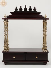 40" Large Wood & Brass Puja Temple with Double Drawer