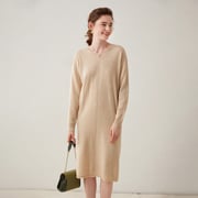 Womens Cashmere Knit Midi Dress Long Sleeve V Neck Straight-cut Dress