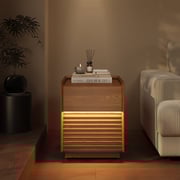 2 PCS 15.75" Mid-Century Modern Square Side Table with Light, End Table with 2-Drawer, For Living Room and Bedroom, Walnut
