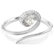 Ariana Grande x Swarovski bangle, Crystal pearl, Baguette cut, White, Rhodium plated