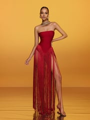 Rendor Strapless Fringe Bandage Maxi Dress