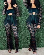 3PCS Long Sleeve Lace Top & Pants Set With Tube Top