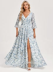A-line V-Neck Floor-Length Chiffon Mother of the Bride Dress With Cascading Ruffles (008312297)