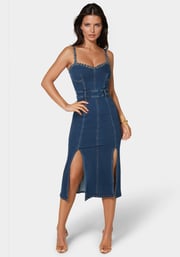 Neckline Chain Trim Midi Denim Dress