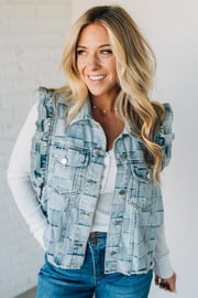 Rae Ruffle Accent Checked Denim Vest