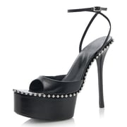 Black Platform Sandals Peep Toe Stud Trim Ankle Strap High Heels