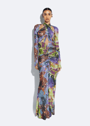 Printed Mesh Halter Ruched Gown