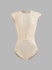 Lace Round Neckline Solid Cut Out See-through Bodysuit
