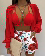 3PCS Lantern Sleeve Shirt & Floral Print Shorts Set With Crop Top