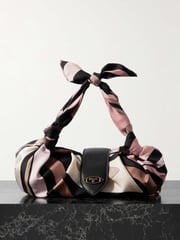 Leather-trimmed knotted printed silk-twill shoulder bag - pink - One Size