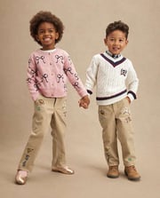 Kids Embroidered Varsity Relaxed Chino Pants - Campus Cuties - Brown