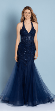 Sequin Embroidered Halter Corset Tulle Mermaid Dress